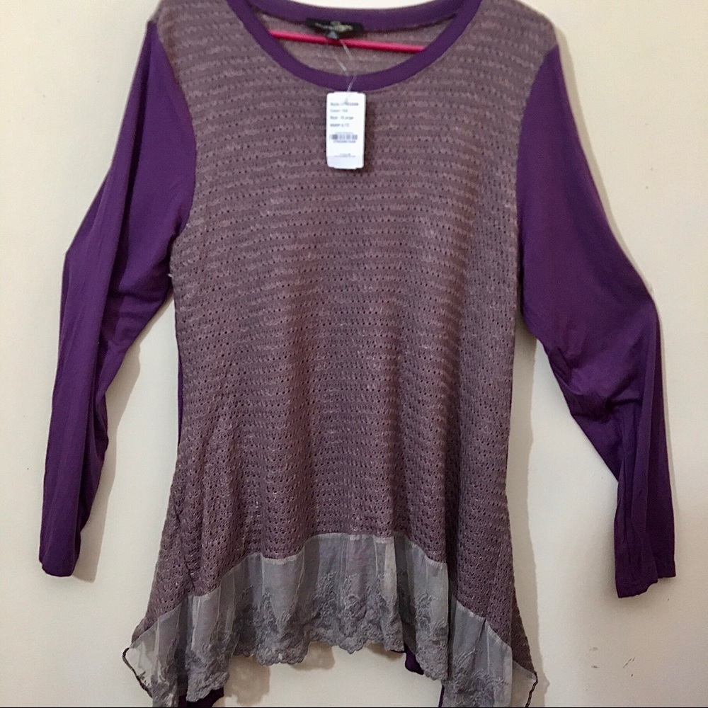 Suzanne Betro Purple Top with Lace Hem Flowing Romantic Size XL NWT